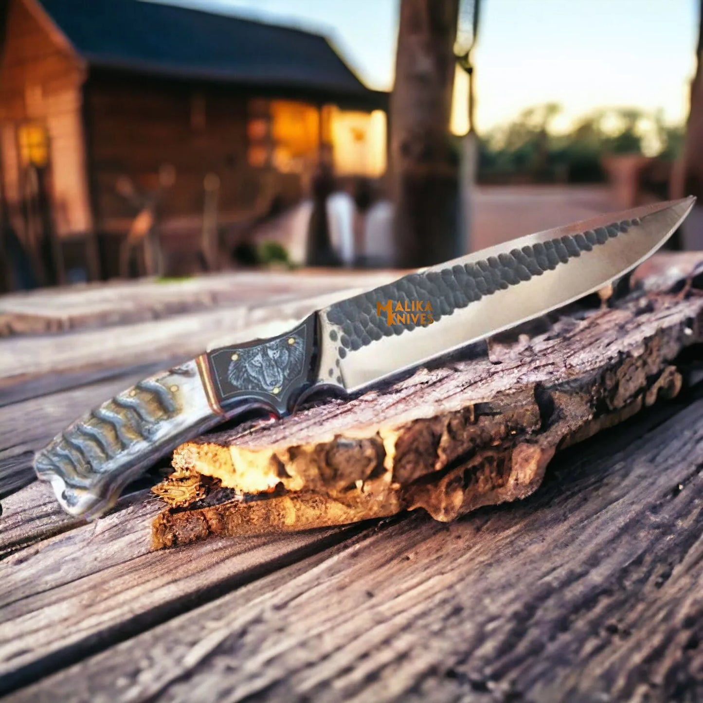 Hand forged D2 Wolf Hunting Knife - with Full Tang Build & Engraved Leather Sheath-0357