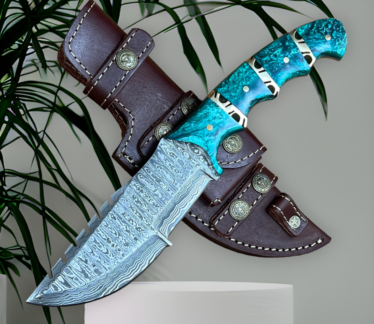 Damascus Handmade Tom Brown Tracker Knife For Sale with Epoxy Resin and Brass Spacers Handle - Overall Length 10 Inches