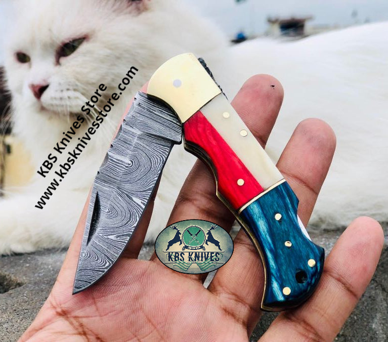 US Texas Flag Folding Pocket Knife with Blue and Red Exotic Wood and Bone Handle, 3 Inches Blade Length and Leather Case