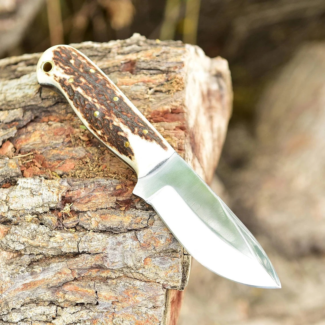 "Custom Handmade D2 Steel Skinning Knife | Antler Horn Handle | 7 Inches | Leather Sheath | KBS Knives Store"