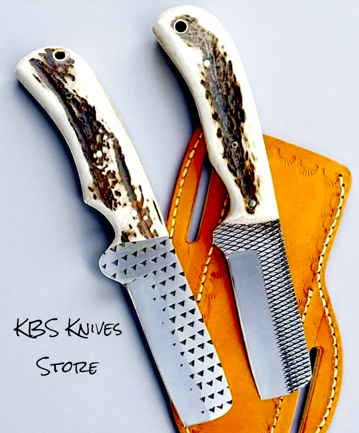 Western Knife for Sale – Rasp Steel 8" Full Tang Bull Cutter with Antler Horn Handle & Leather Sheath