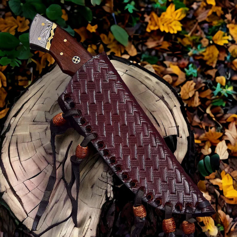Small Bushcraft Knife – 9" Damascus Steel Blade with Rosewood Handle & Leather Sheath