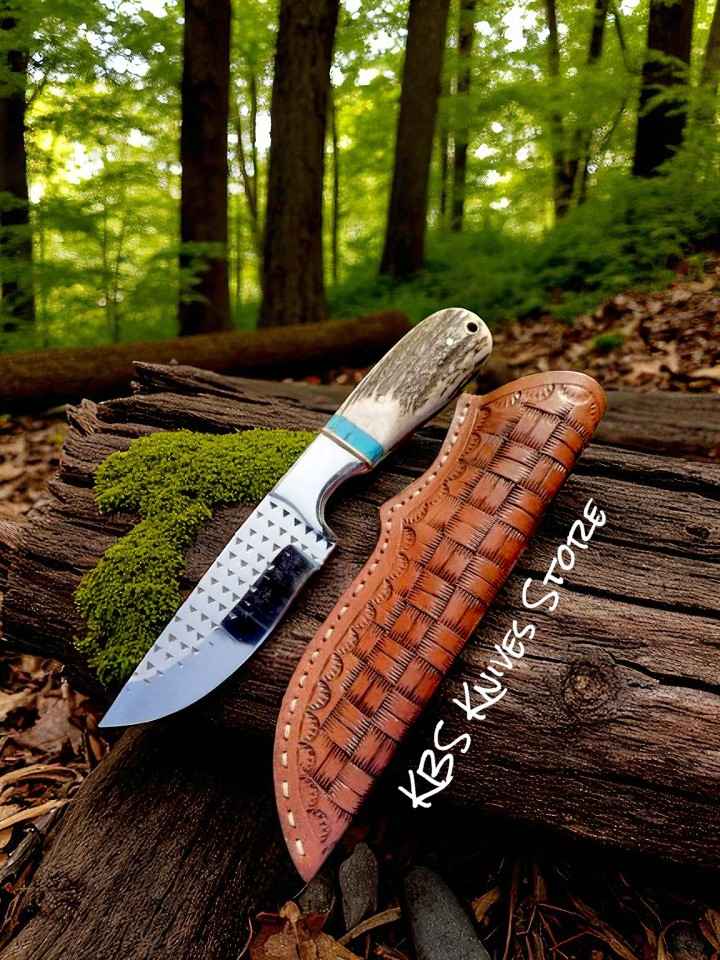 Cowboy belt knife with 4.25 inch rasp steel blade and antler handle with turquoise spacer for stockmen