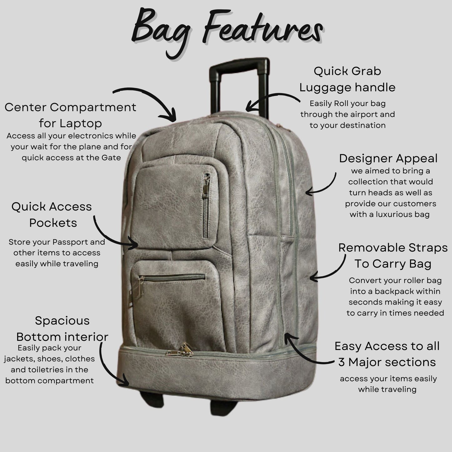 Grey Leather Carry-On Patented Roller Bag (Only 150 Made)