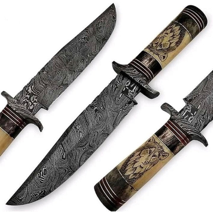 Hand Engraved Bowie Knife with Leather Sheath for Sale – Custom Handmade Damascus Steel Blade, Bone & Buffalo Horn Handle with Damascus Guard | 13-Inch Hunting Knife – KBS Knives