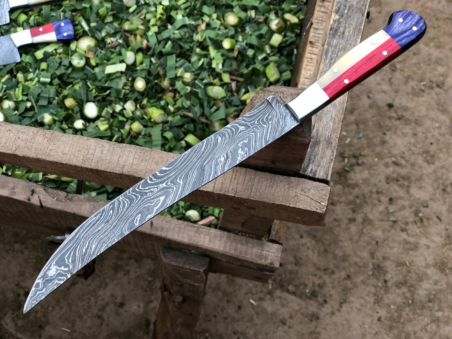 Texas Flag Handle Damascus Steel Handmade Fillet Boning Knife with Blue and Red Exotic Wood and Bone Handle, 12.5 Inches