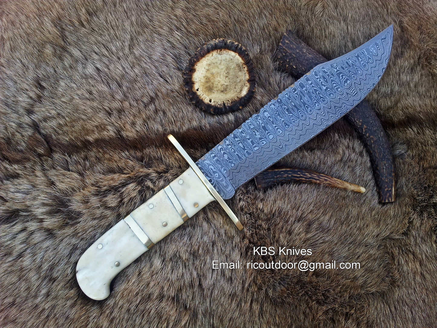 Vintage Western USA W49 Bowie Knife - Custom Handcrafted Full Tang Damascus Steel Blade, Bone Handle with Brass Spacers, 15" Overall Length - Leather Sheath | KBS Knives