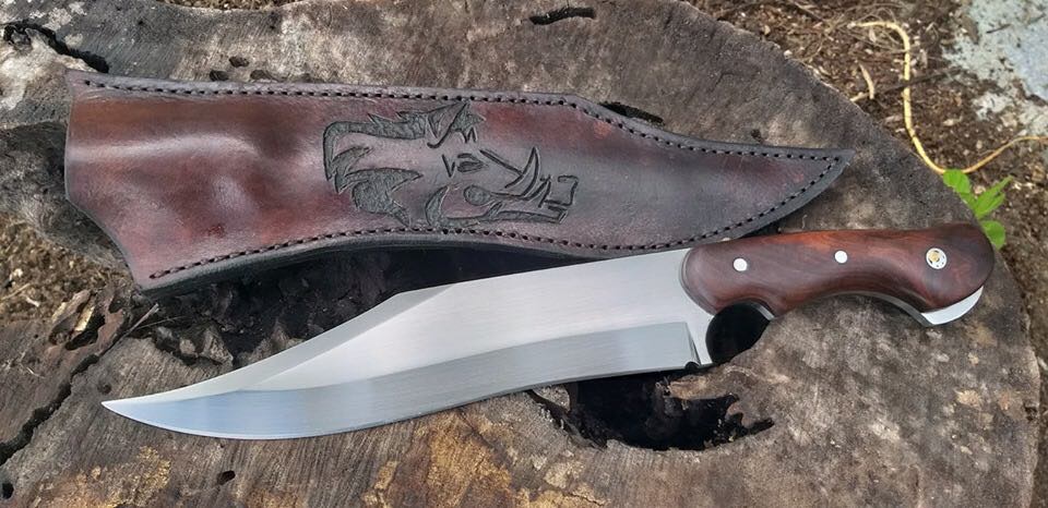 Wild Pig Hunting Bowie Knife with Leather Sheath for Sale – Custom Handmade Heavy-Duty Full Tang 1095 High Carbon Steel Blade, Rosewood Handle | 15-Inch Hunting Knife – KBS Knives