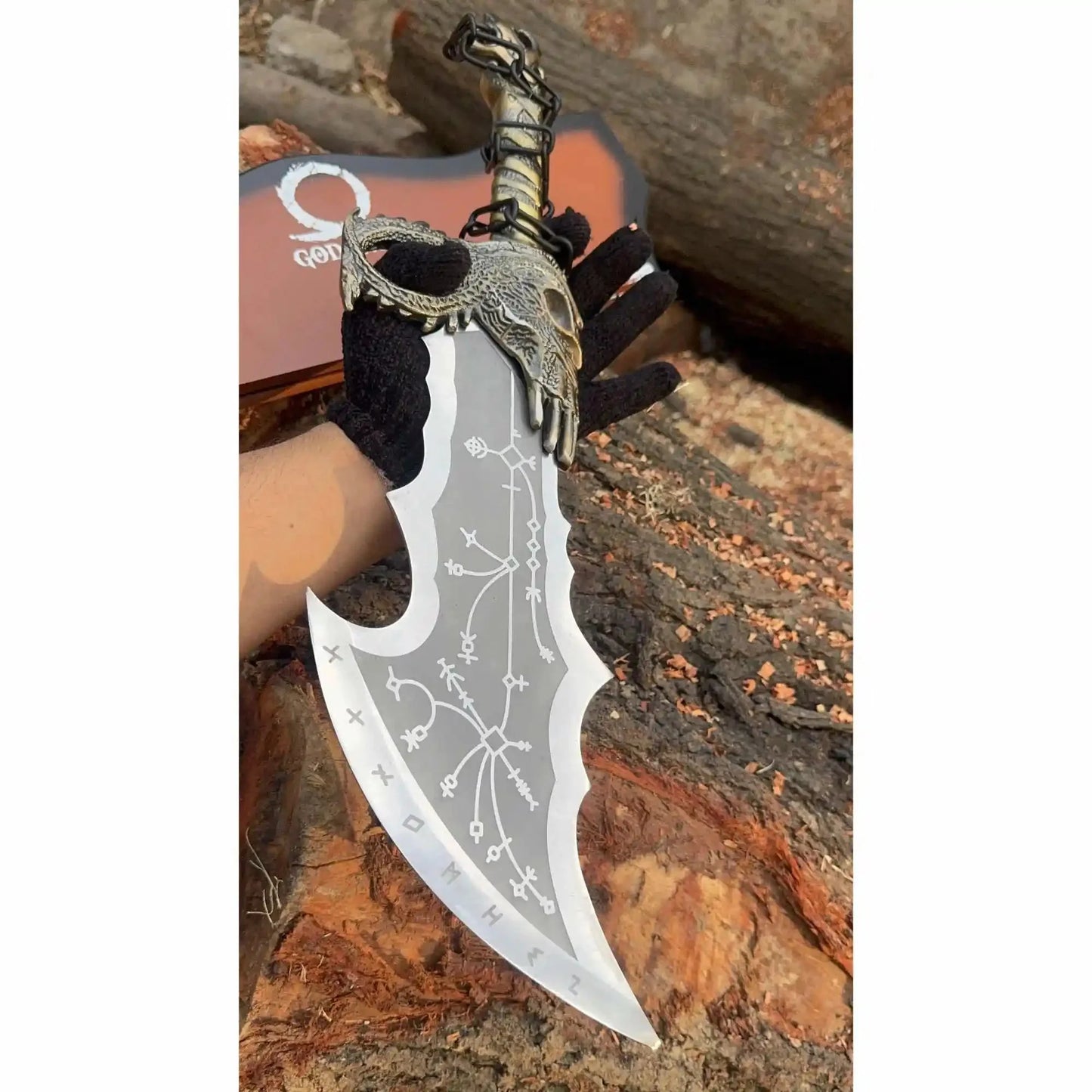 Chaos Inspired Recurve Bowie Knife with Rune Engraving and Dragon Guard