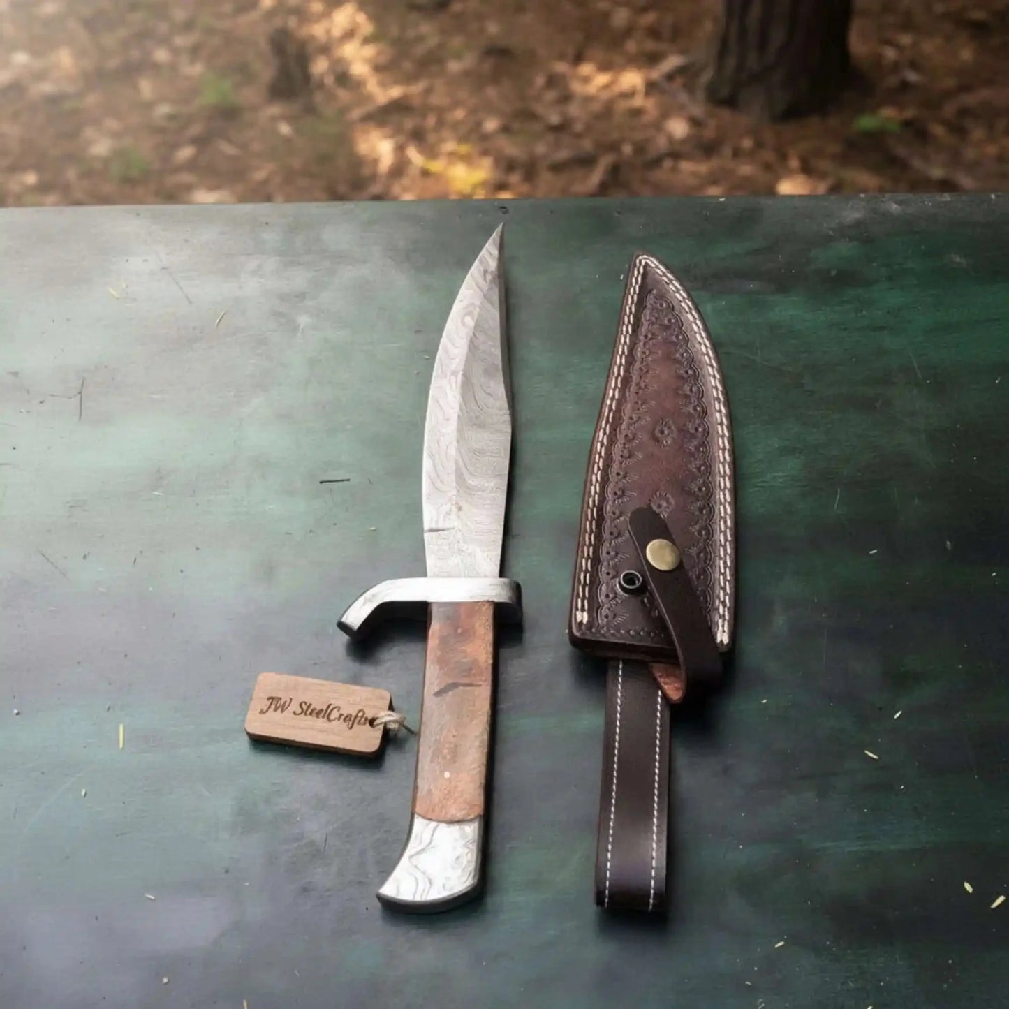 Classic Jim Bowie Style Damascus Steel Bowie Knife, Hand Forged Clip Point Blade, Damascus Guard, Walnut Wood Handle, Full Tang Fixed Blade with Leather Sheath by JW SteelCrafts