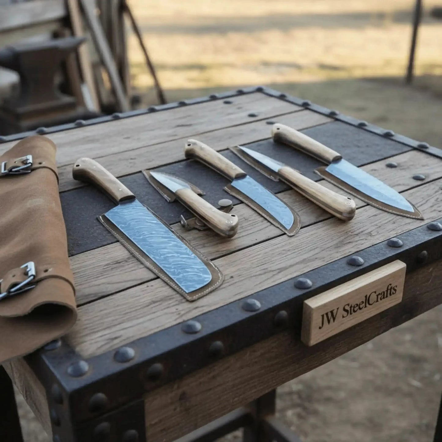 Hand Forged 5-Piece Damascus Knife Set — Cleaver, Chef, Skinner, Utility & Paring Knife with Olive Wood Handles & Leather Roll
