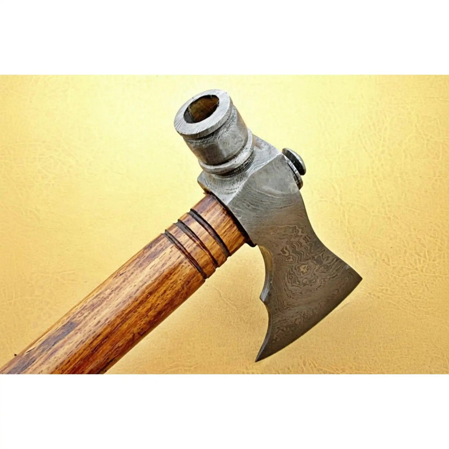 Damascus Smoking Axe with Leather Sheath and Ringed Rosewood Handle