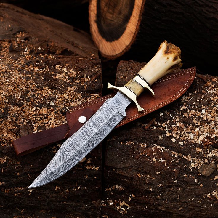 15-Inch Twist Damascus Steel Blade Custom Handcrafted Hunting Bowie Knife | 9.5-Inch Blade, Bone Handle, Brass & Damascus Finger Guards, Leather Sheath | KBS Knives