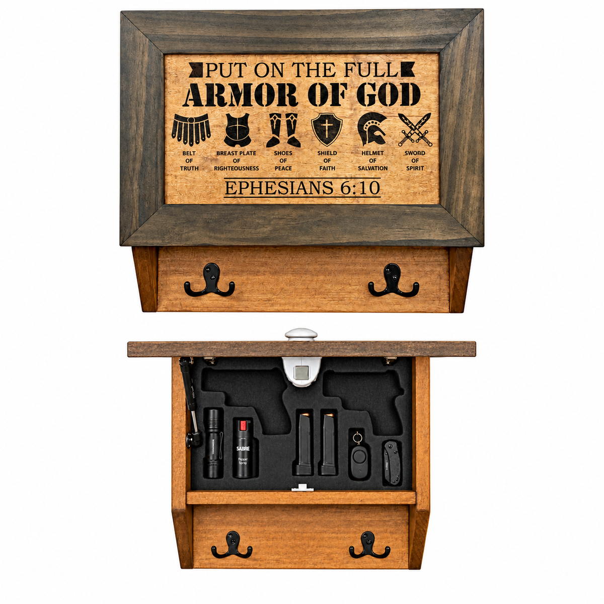 Hidden Gun Cabinet Put On The Full Armor Of God, Secure Concealed Ephesians 6:10 Gun Safe by Bellewood Designs