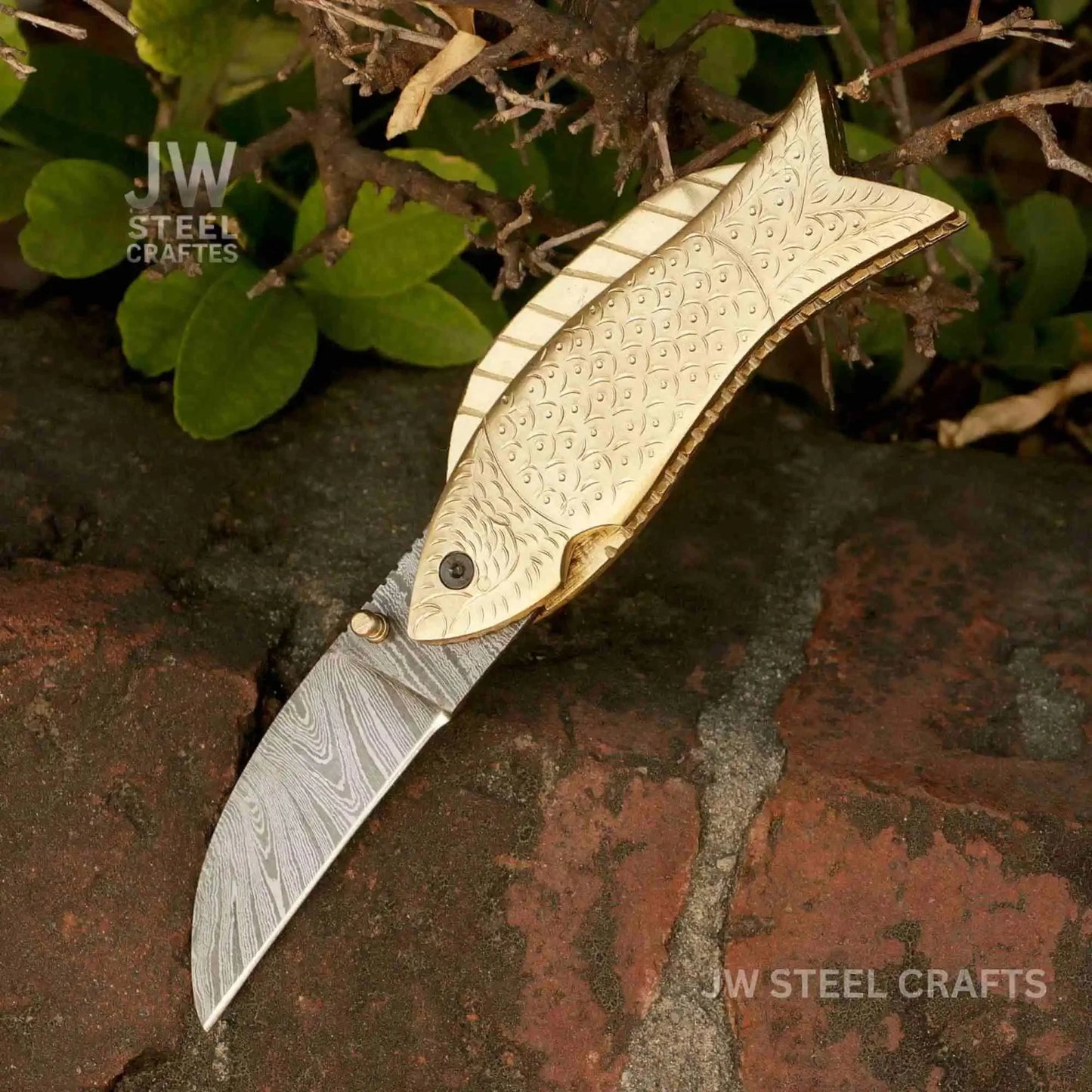 Fish-Style Damascus Folding Knife | 5 Color Variants | Hand-Engraved Collectible by JW SteelCrafts