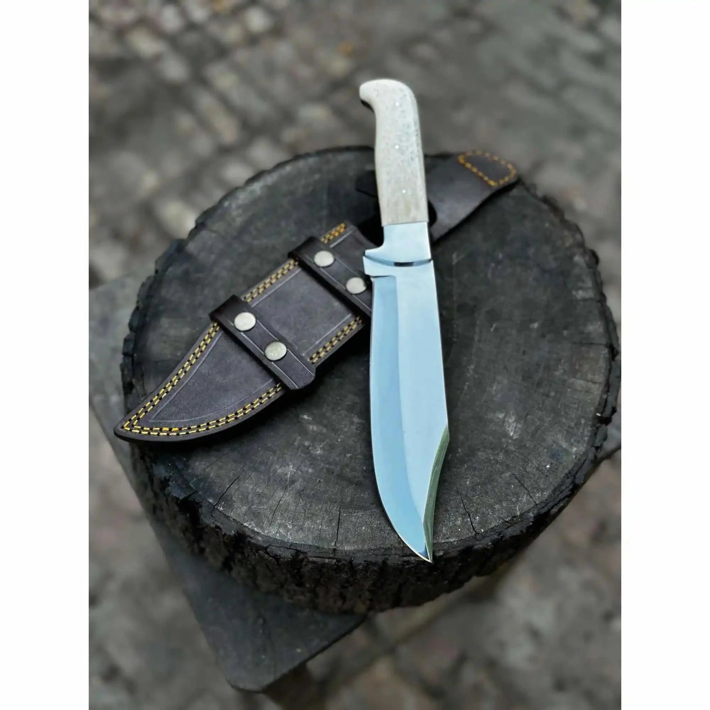 Frontier Bowie Knife, Hand Forged High Carbon Steel Clip Point Blade, Black Micarta Handle, Full Tang with Leather Sheath