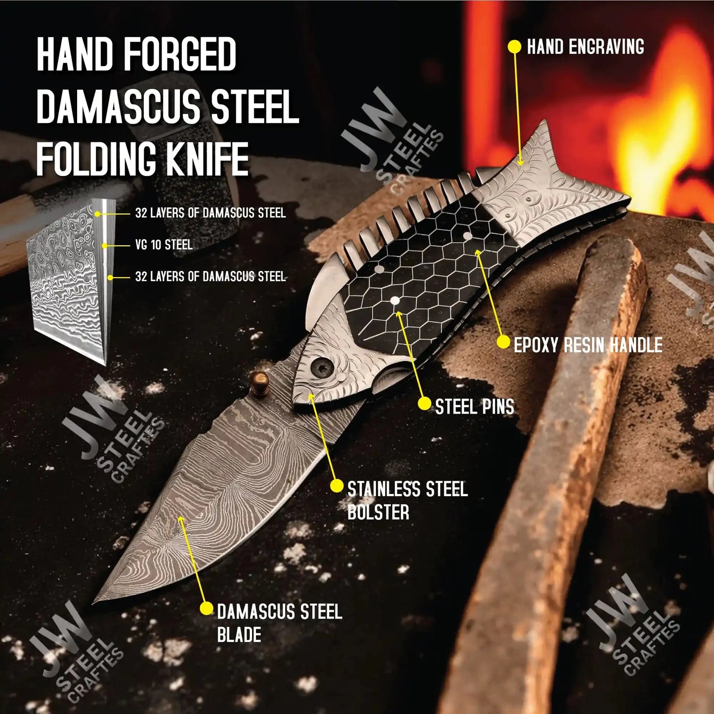 Hand Forged Damascus Steel Folding Knife – Honeycomb, Pinecone & Brass Handle Variations