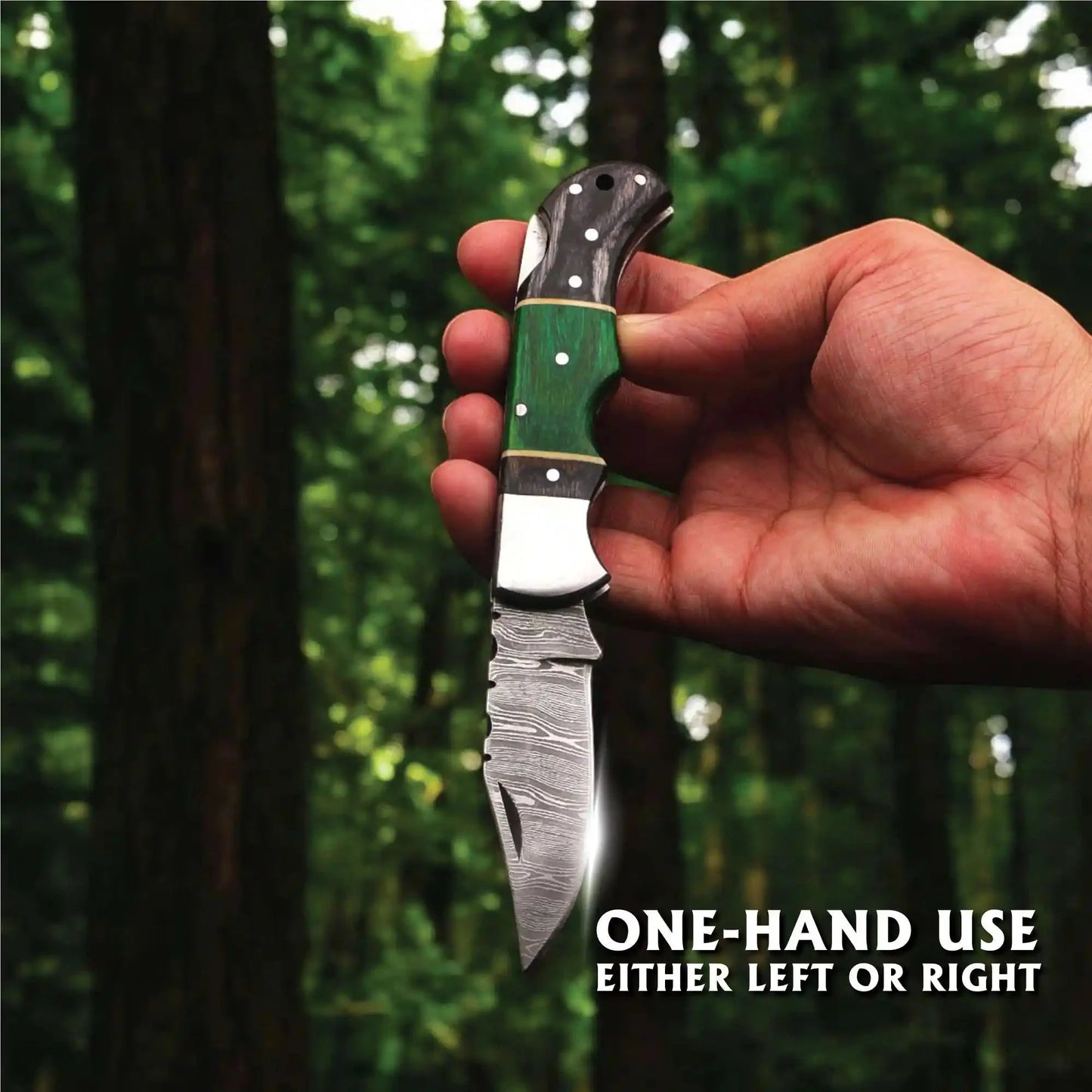 Hand Forged Damascus Steel Folding Knife – Pakka Wood Handle with Leather Sheath