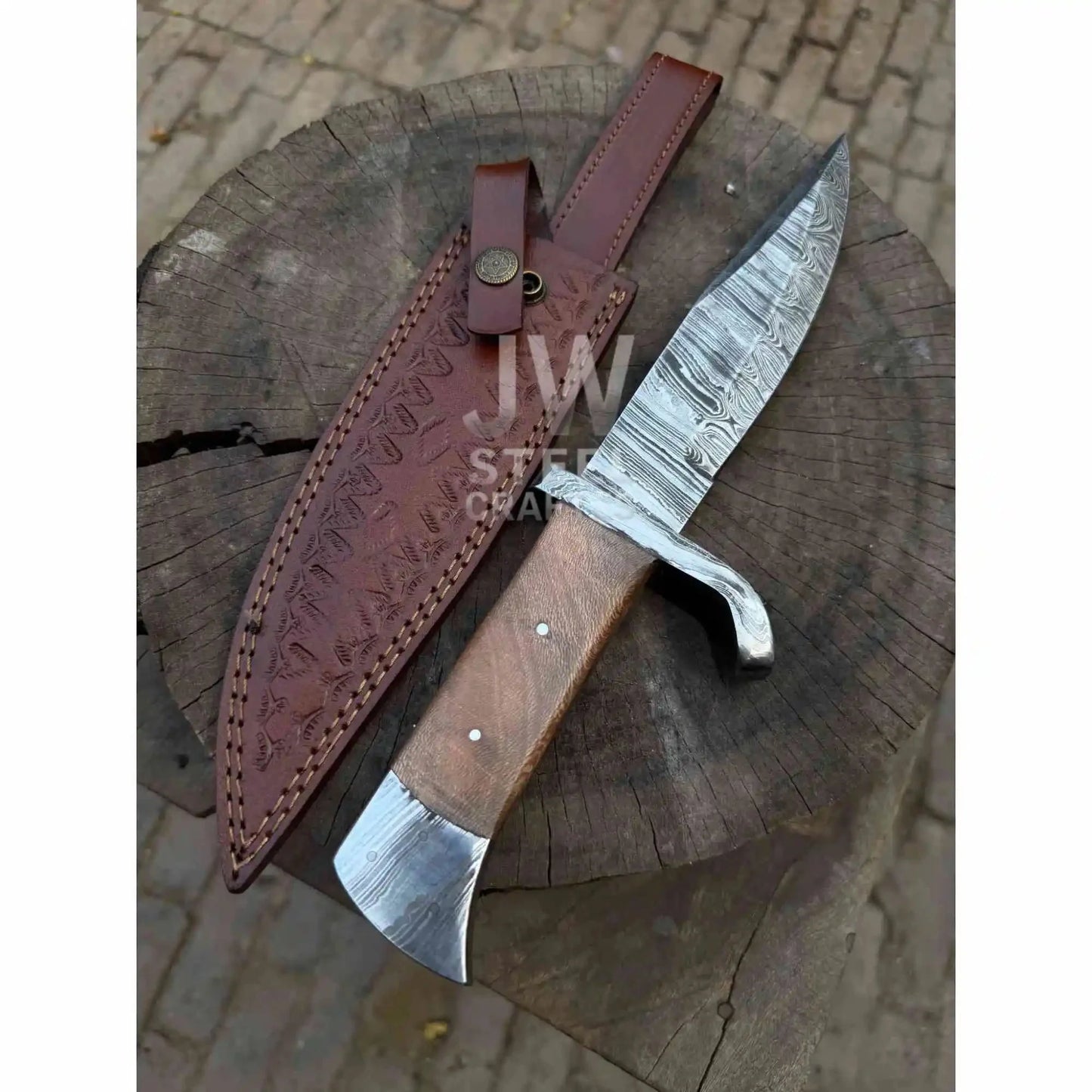 Hand Forged Damascus Steel Frontier Bowie Knife, Clip Point Blade with Coffin Handle and Leather Sheath, JW SteelCrafts