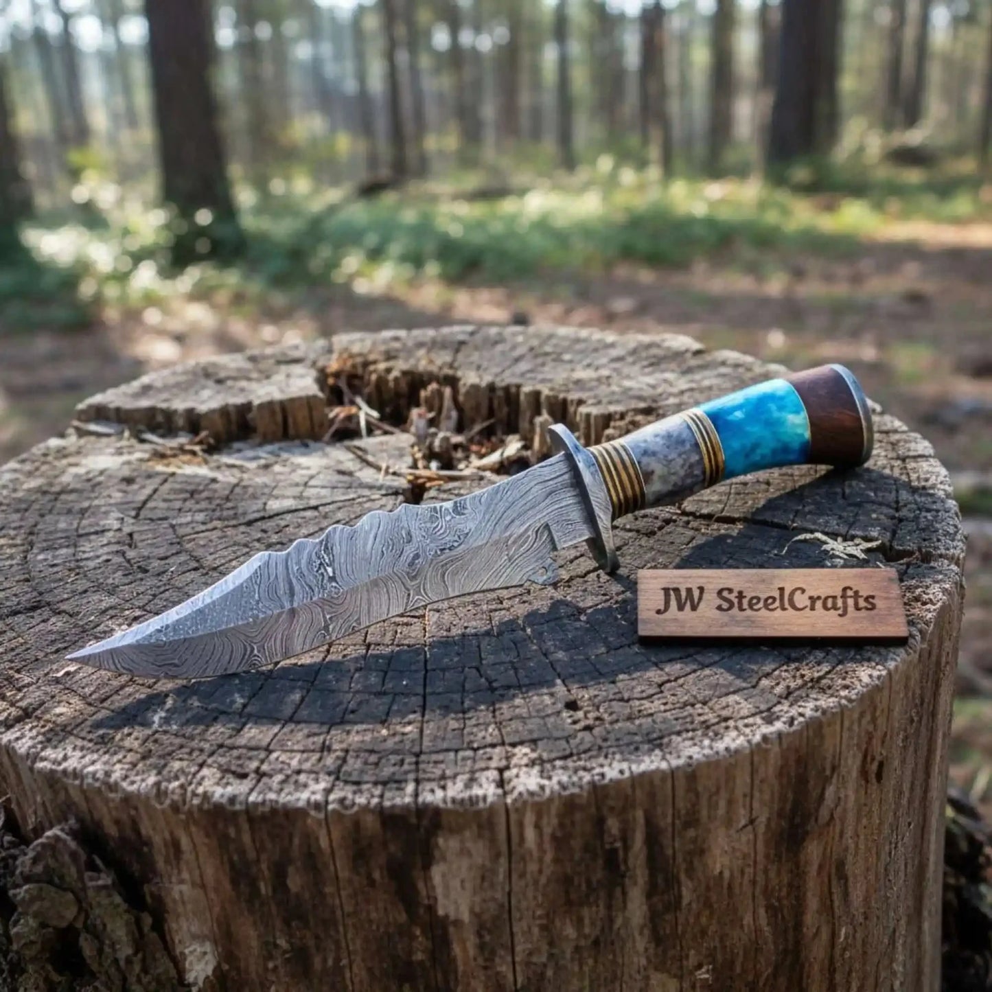 Handmade Damascus Clip Point Bowie Knife Stacked Bone and Wood Handle Fixed Blade JW SteelCrafts