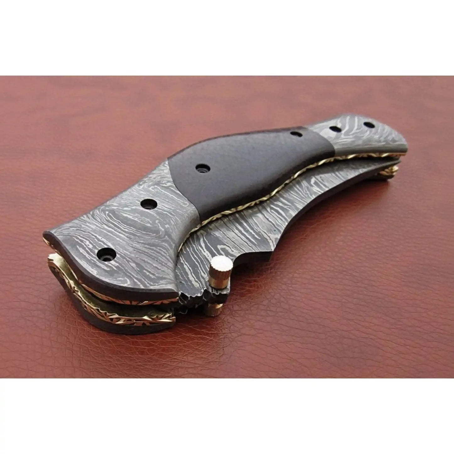 Handmade Damascus Folding Knife with Dark Wood Handle & Spine Jimping – Custom EDC Pocket Knife by JW SteelCrafts