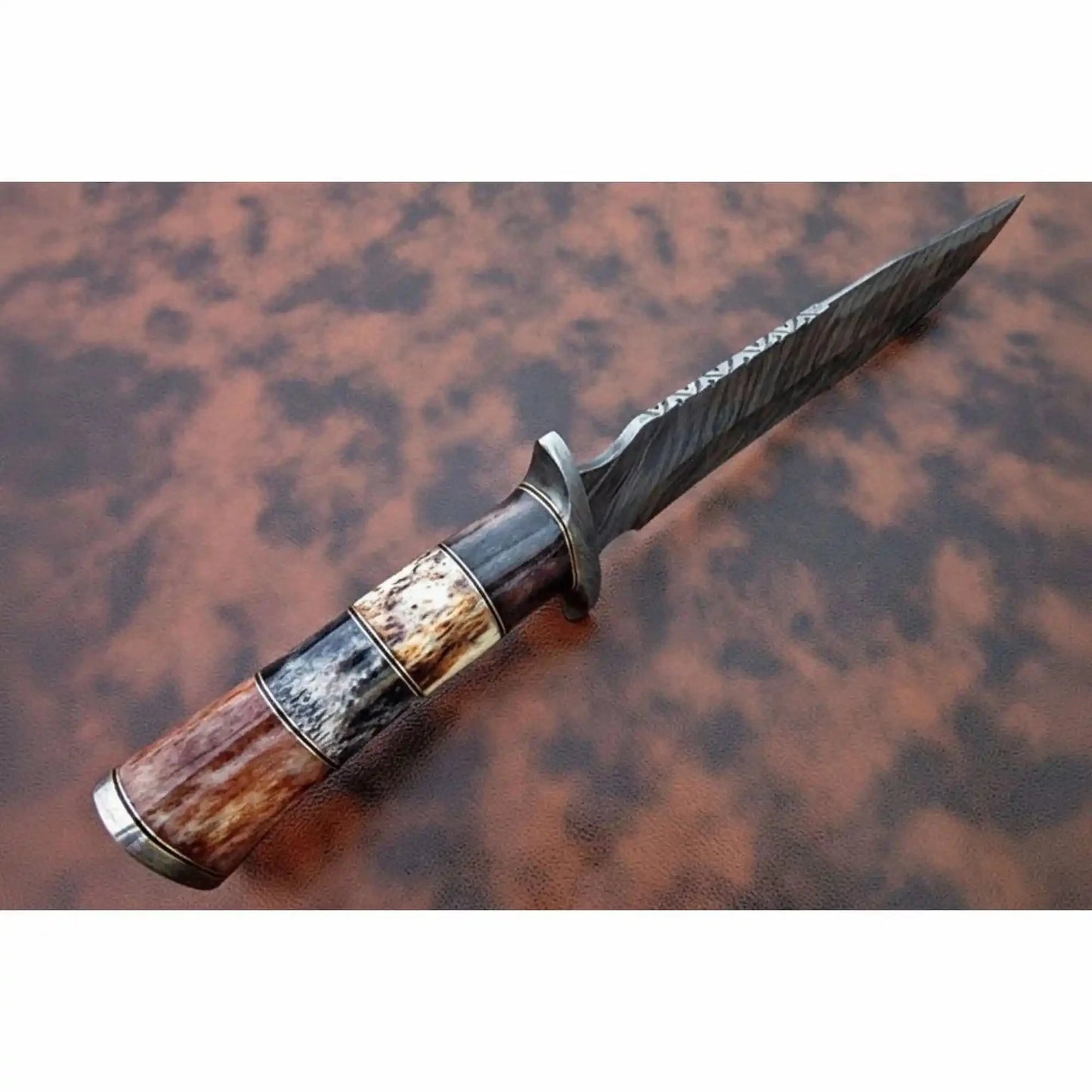 Hand-Forged Damascus Bowie Knife with Coffin Style Stacked Wood Handle