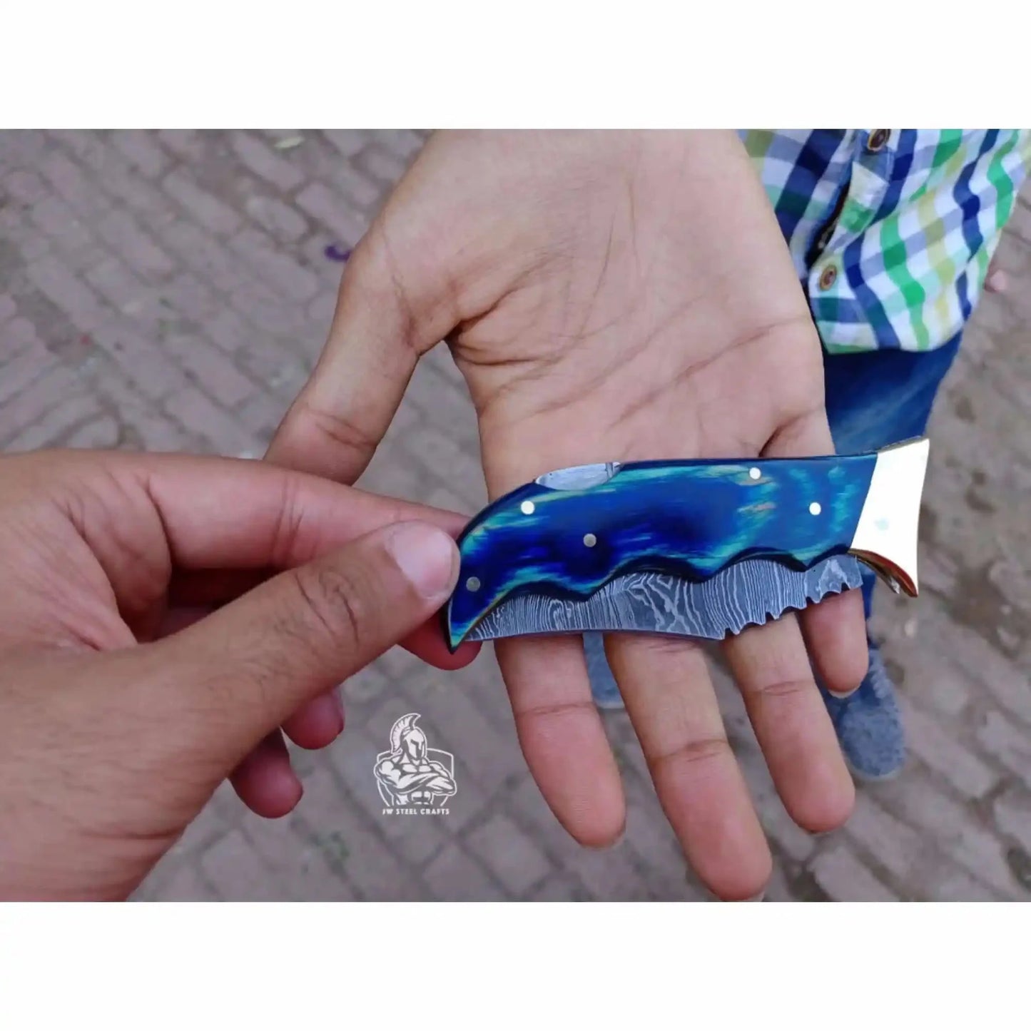 Handmade Damascus Pocket Knife | Colored Pakka Wood Folding EDC Knife