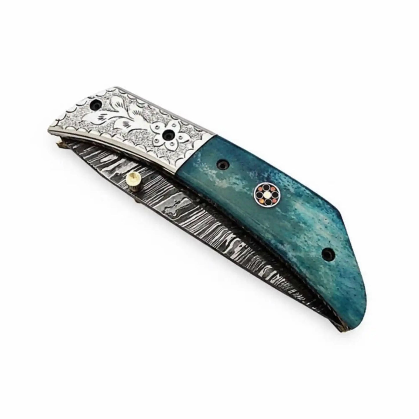 Handmade Damascus Steel Folding Knife with Teal Wood Handle & Engraved Bolster