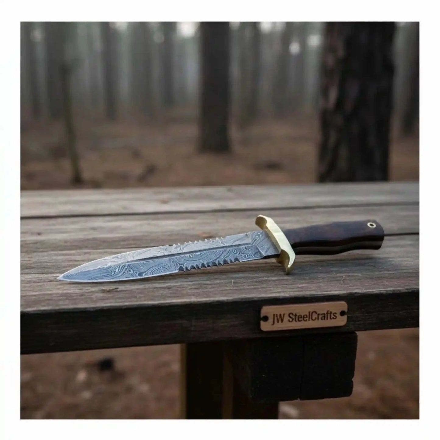 Handmade Frontier Bowie Knife, Damascus Steel Clip Point Blade, Sawback Spine, Brass Guard, Rosewood Handle, Fixed Blade Knife