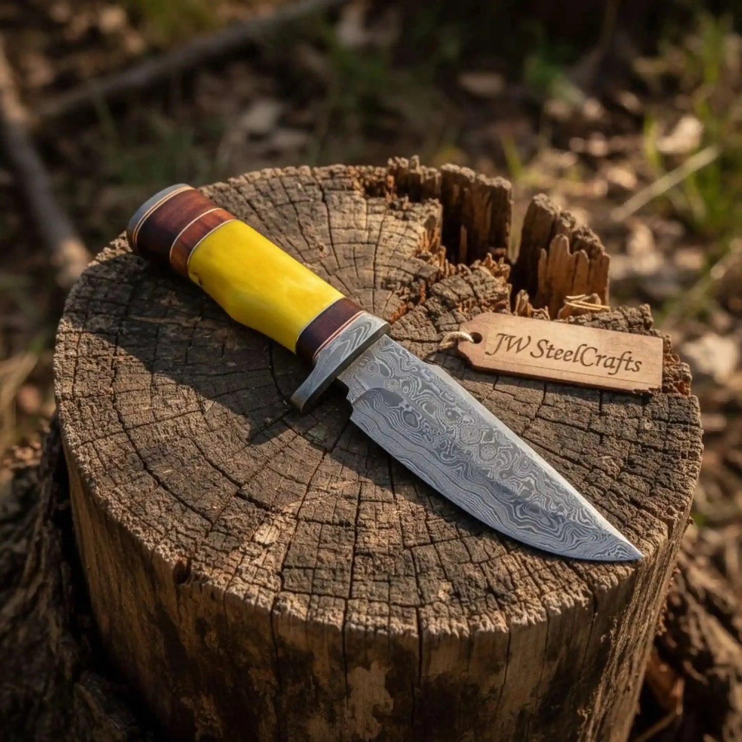 Handmade Hunter Clip Point Bowie Knife Damascus Steel Yellow Handle JW SteelCrafts