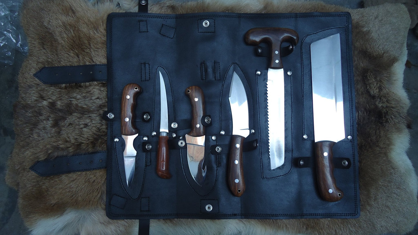 Game Processing Kit – 6-Piece Rosewood Handle Knife Set with Leather Roll