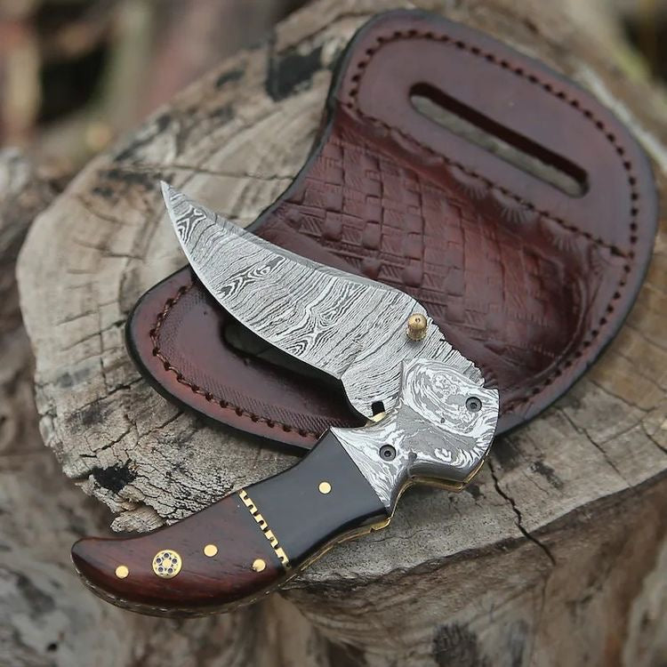 Damascus Handmade Custom Folding Pocket Knife with Buffalo Horn and Rosewood Handle, 3.2-inch Blade Length