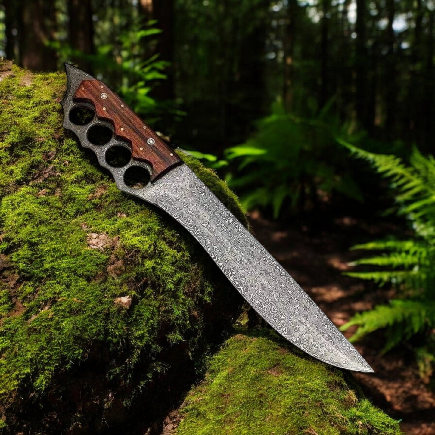 Custom Handmade Damascus Steel Knuckle Knife with Rosewood Handle – 15" with Leather Sheath