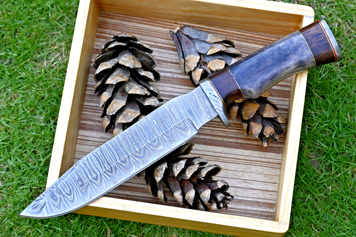 Wilderness Explorer: Hunting Bowie Knife with Damascus Steel Blade, Colored Bone and Rosewood Handle, Damascus Guard, and Leather Sheath