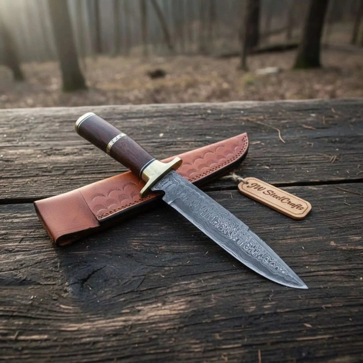 Sheffield Clip Point Damascus Bowie Knife with Hardwood Handle and Brass Guard – Handmade Fixed Blade JW SteelCrafts