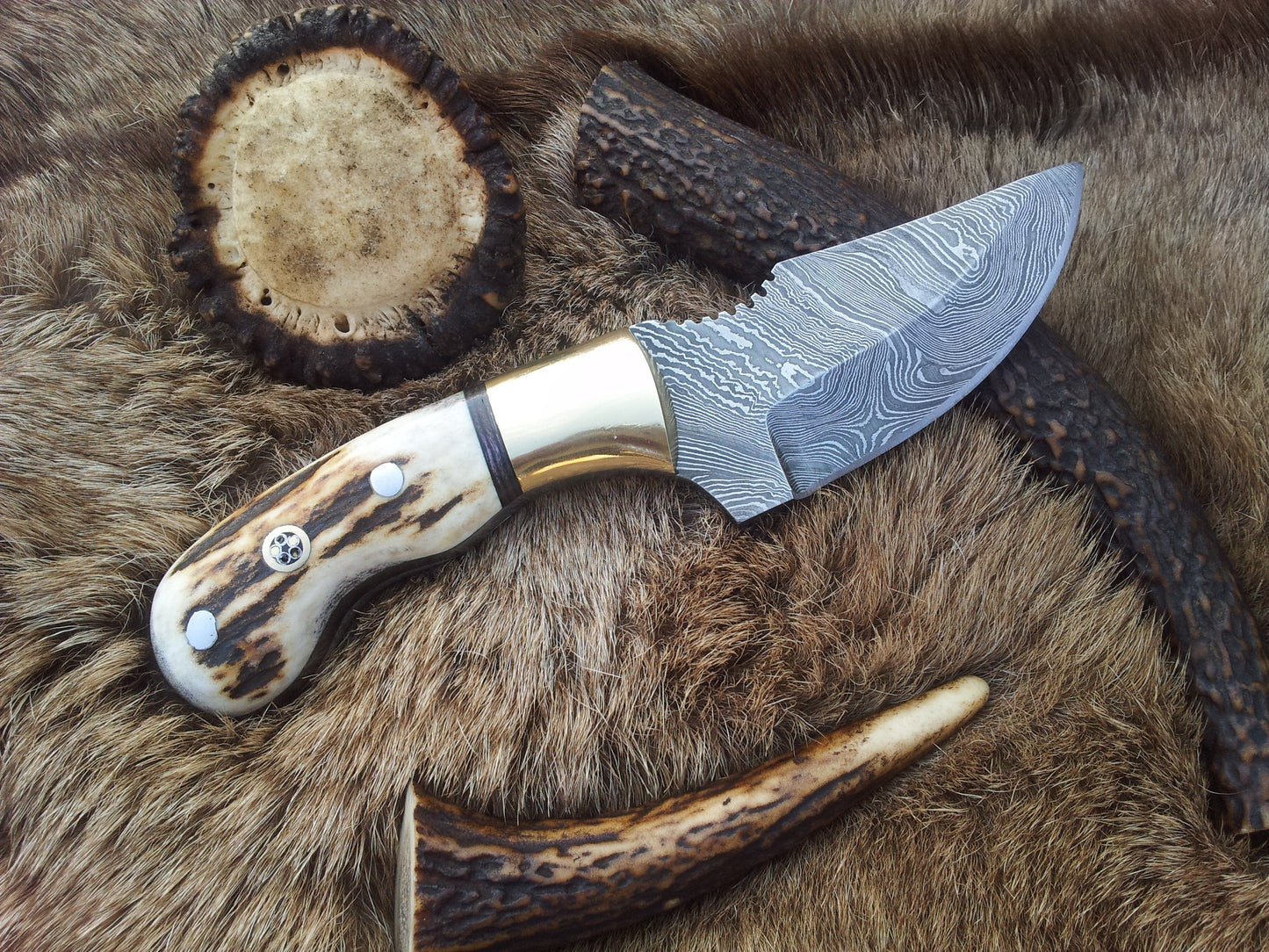 Custom Damascus Steel Field Dressing Deer Skinny Knife – 7.25 Inch Drop Point Blade with Antler Horn Handle and Brass Bolster