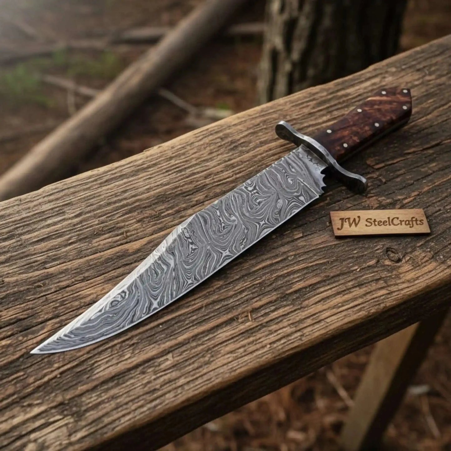 Handmade Victorian Style Bowie Knife with Damascus Steel Blade and Walnut Burl Handle