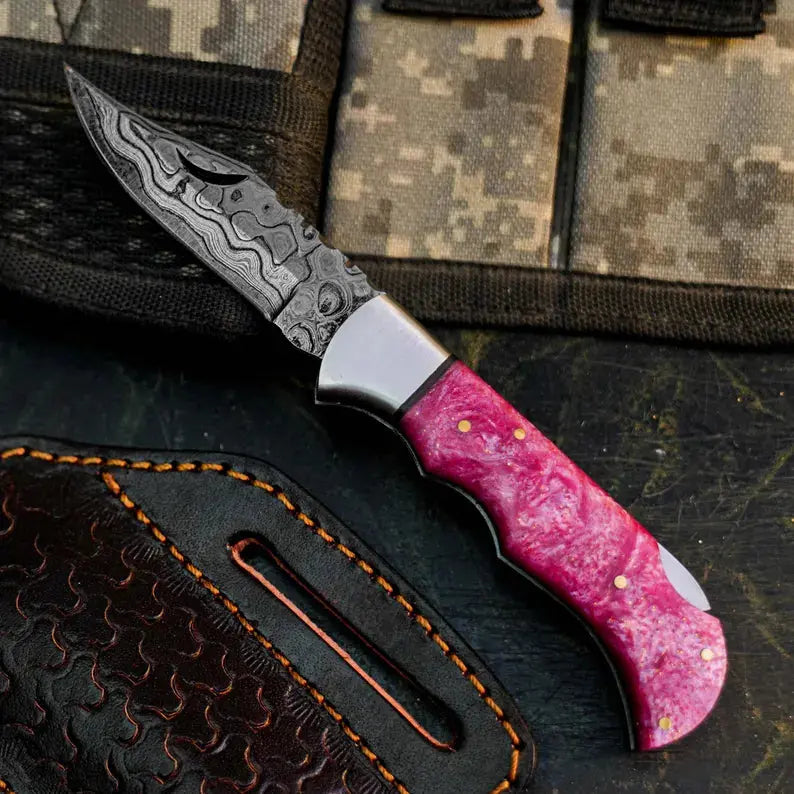 Handmade Damascus Folding Pocket Knife with Resin Handle
