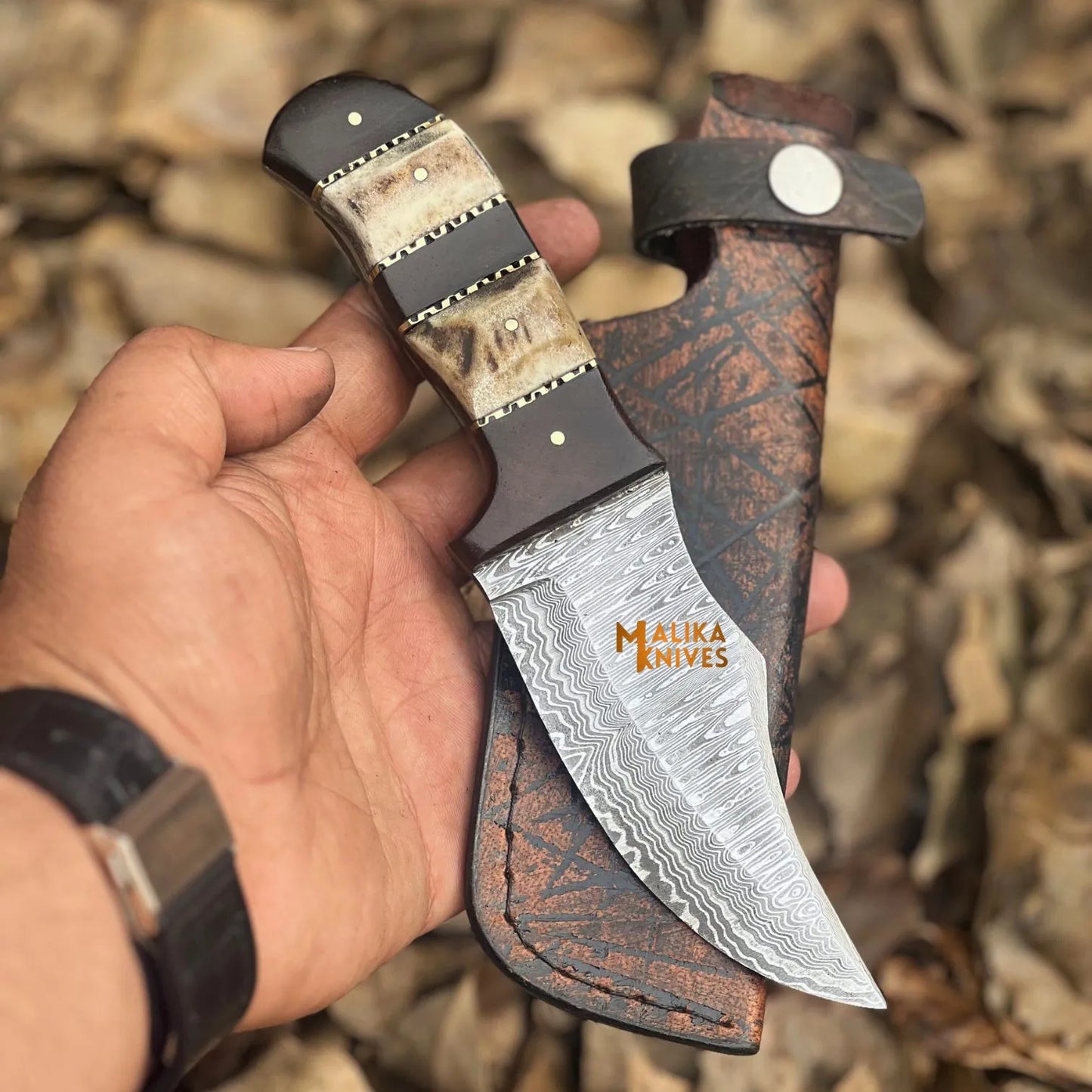SS Damascus Stag Hunting Bowie Knife with Custom Leather Sheath-0047