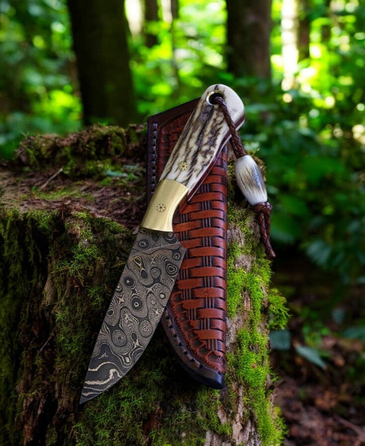 Damascus Steel Knife Hunting Raindrop Blade & Antler Handle