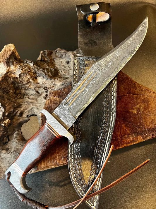 Custom Handmade Damascus Steel Bowie Knife with Blood Groove Blade and Wenge Wood Handle