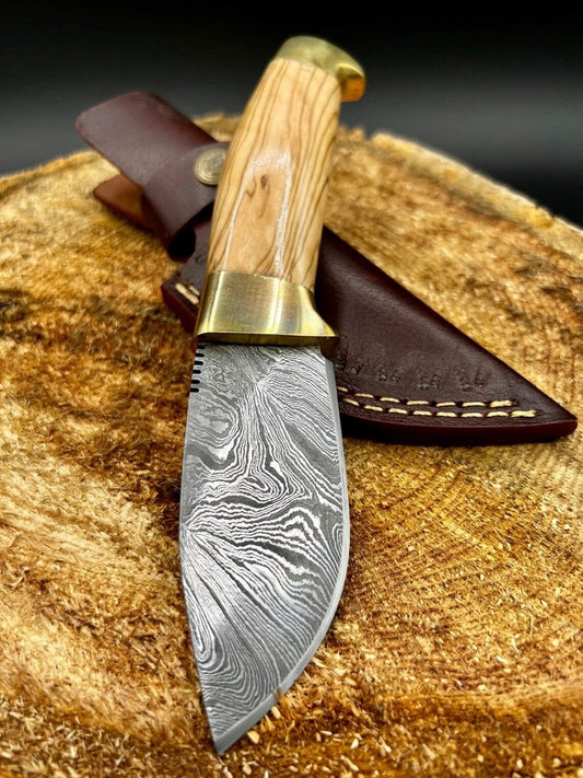 Skinning Blade Damascus Steel Knife with Olivewood Handle, 8-inch - The Olivecrest