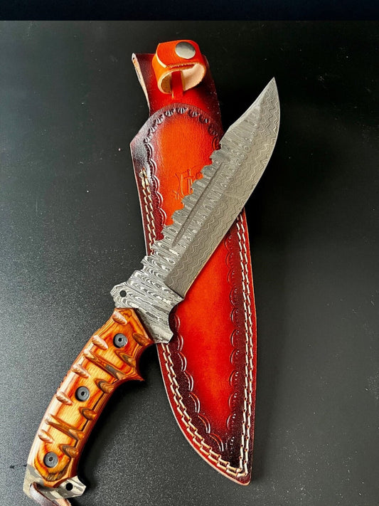 Custom Handmade Damascus Steel Fighter Bowie Knife with Exotic Wood Handle and Leather Sheath