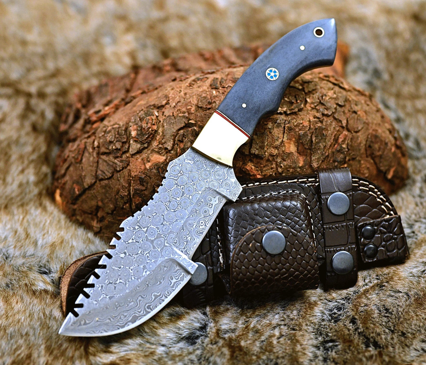 Damascus Steel Handmade Tom Brown Best Tracker Knife For Sale with Color Bone and Brass Bolster Handle