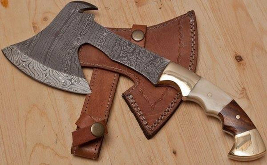 "Full Tang Damascus Steel Handmade Custom Viking EDC Tomahawk Axe with Rosewood, Bone and Brass Bolsters Handle - By KBS Knives Store"
