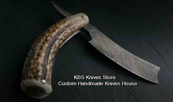 Professional Barber Straight Razor with Damascus Steel Blade and Elk Antler Horn Handle - Includes Leather Case - Available Exclusively at KBS Knives Store