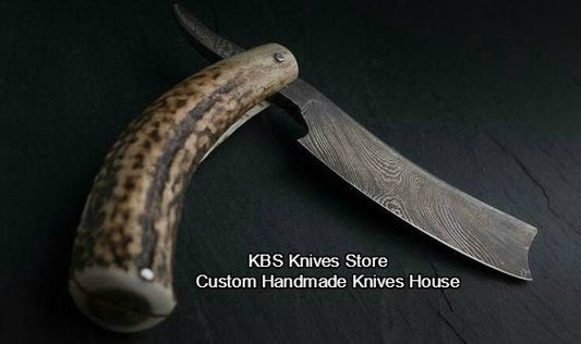 Professional Barber Straight Razor with Damascus Steel Blade and Elk Antler Horn Handle - Includes Leather Case - Available Exclusively at KBS Knives Store