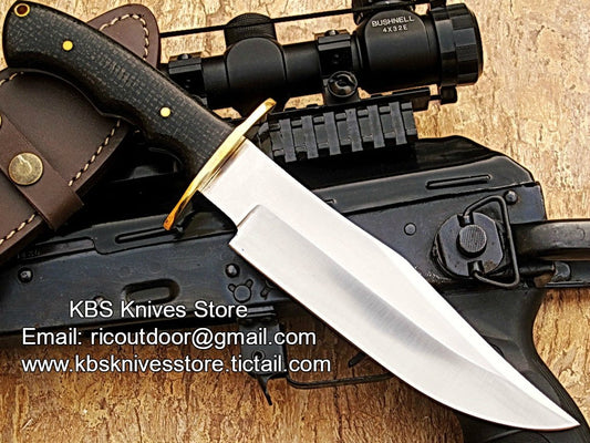Original Best Bowie Knife - Custom Handcrafted Full Tang D2 Steel Blade, Red Micarta Handle with Brass Guard, 12" Overall Length | Leather Sheath | KBS Knives