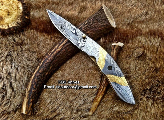 Everyday Carry Hand Engraved Damascus Steel Folding Pocket Knife with Steel & Brass Handle – The MasterCraft