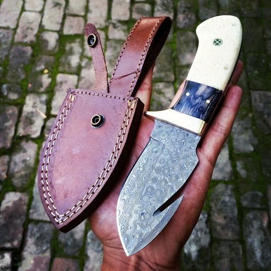 Premium Custom Handmade Gut Hook Knife in Damascus Steel with Exotic Wood Handle
